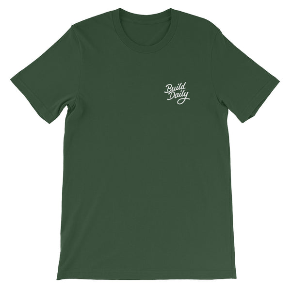 Green t shirt with white build daily signature logo