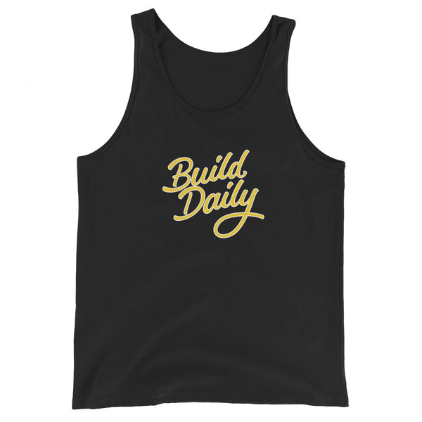 Black tank top shirt with yellow and white build daily signature logo