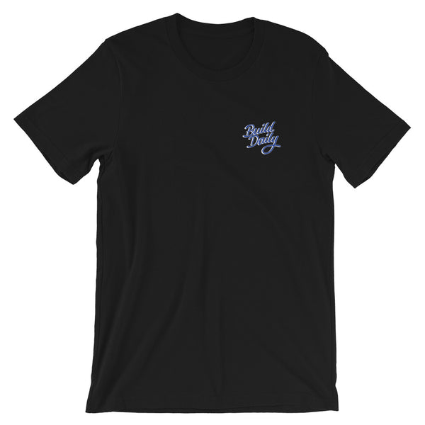 Black t shirt with royal blue and white build daily signature logo