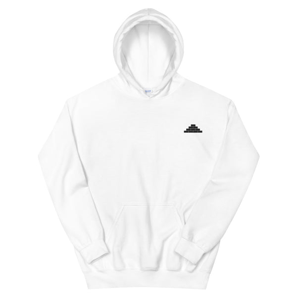 White hooded sweatshirt with black build daily brick by brick logo