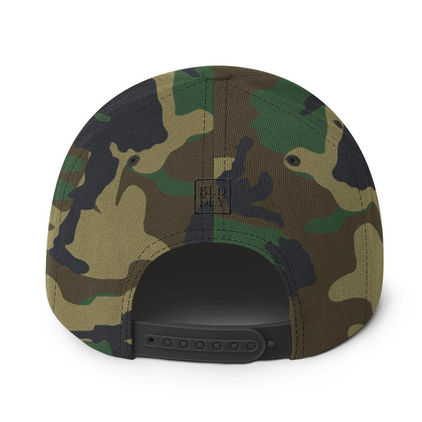 Back of camouflage cap with black build daily monogram logo